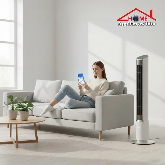 a modern smart floor fan quietly cooling a bright living room while the user adjusts settings from a phone