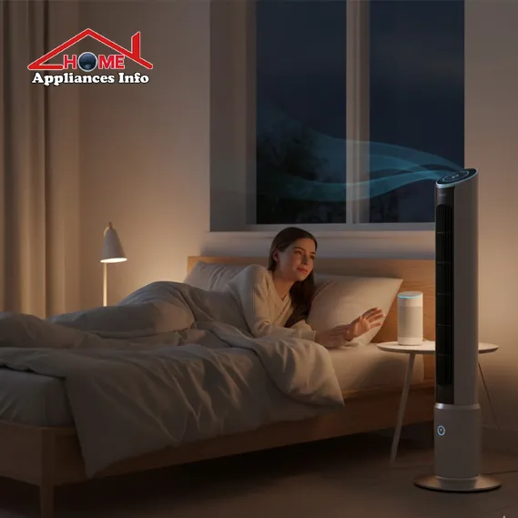 a smart floor fan helping create a calm, cool bedroom environment controlled by voice at night