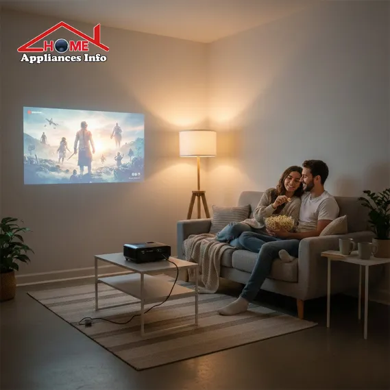entry-level projector turning a small apartment wall into a big-screen movie night