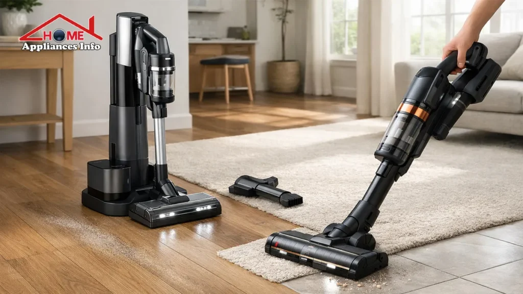 Best cordless vacuum for multi-surface homes 2026 showing effective cleaning on hardwood and carpet transition.