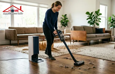 Best cordless vacuum for multi-surface homes 2026 showing effective cleaning on hardwood and carpet transition.