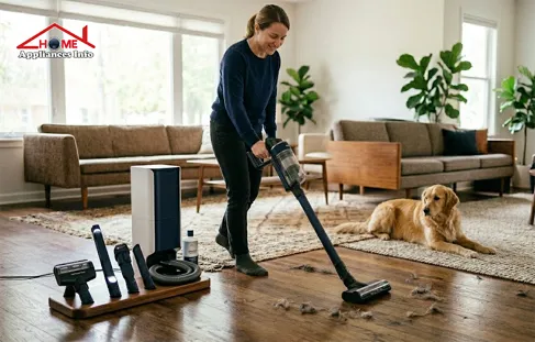 Best cordless vacuum for multi-surface homes 2026 showing effective cleaning on hardwood and carpet transition.