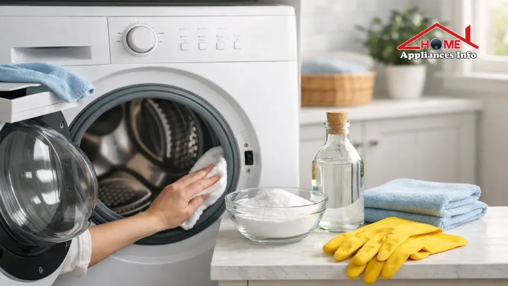 A person is shown cleaning the rubber gasket of a front-load washing machine with a white cloth, with a bowl of baking soda, a bottle of vinegar, and cleaning gloves on the table.