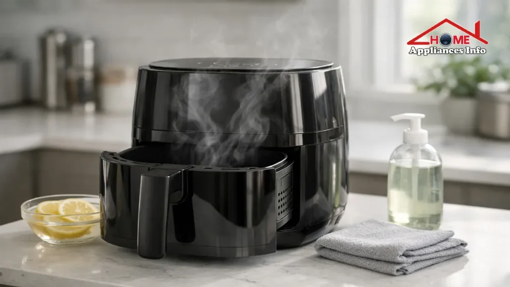 Why Does My Air Fryer Smell Like Plastic? How to Fix It Fast A black air fryer on a kitchen counter with steam rising from the open basket, next to sliced lemons and a cleaning cloth.