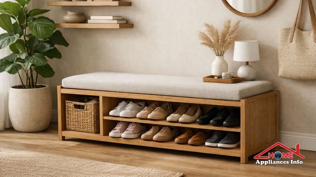 A modern entryway displaying a stylish wooden shoe rack organized with footwear next to minimalist home decor accents.