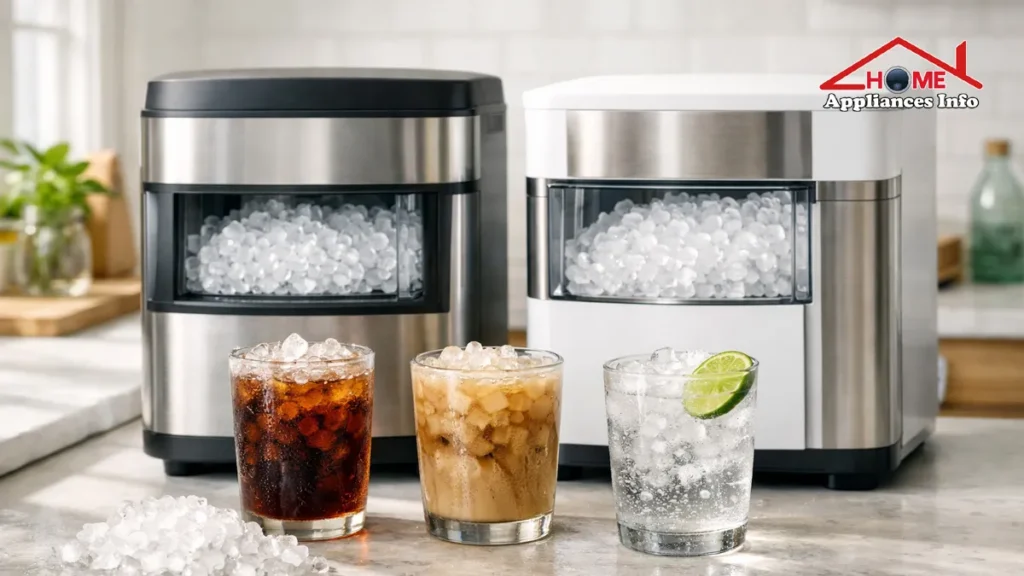 Two countertop nugget ice makers side-by-side on a kitchen counter with glasses of soda, iced coffee, and water comparing sonic ice maker vs pebble ice maker options.