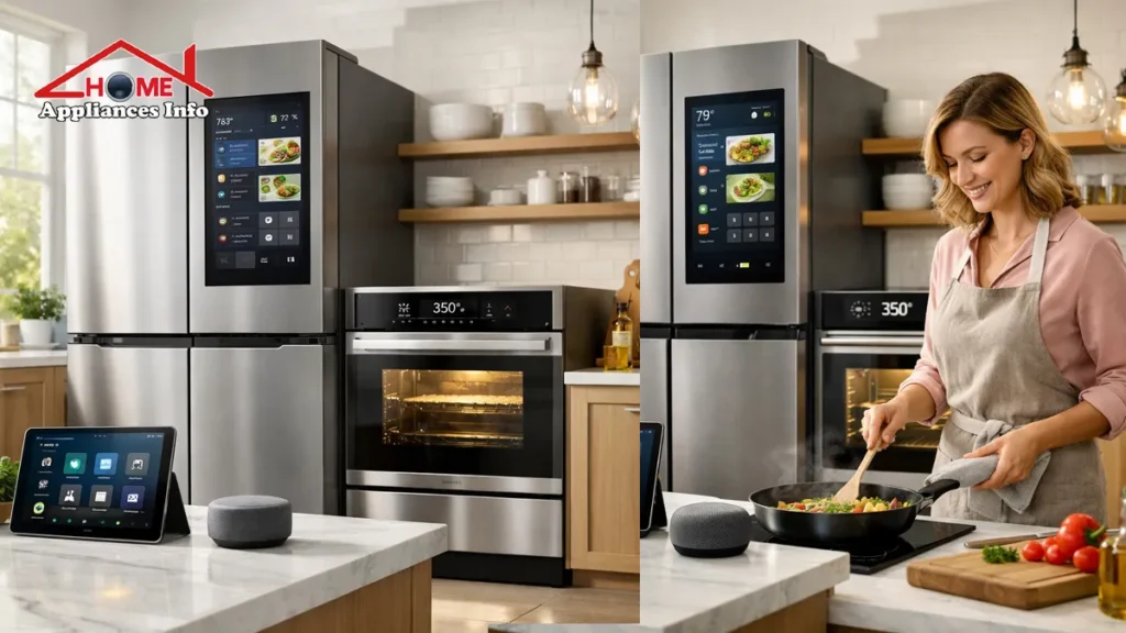 The Ultimate 2026 Guide to Matter-Compatible Smart Kitchen Appliances A clean, modern kitchen featuring a woman cooking with voice-controlled gadgets, a smart refrigerator with a large digital interface, and a built-in energy-efficient smart oven, highlighting a Matter-compatible ecosystem with natural light.