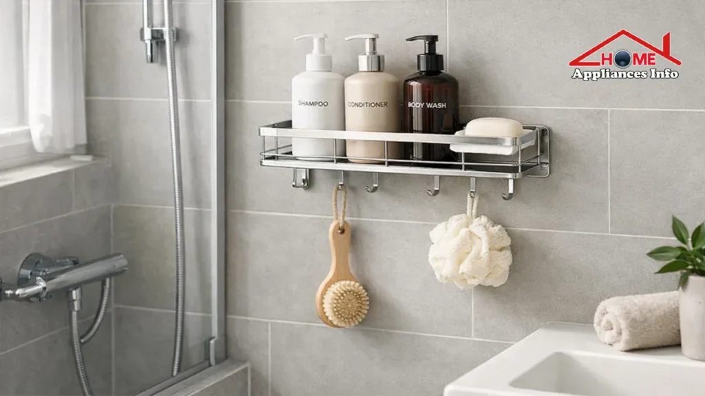 A wall-mounted stainless steel adhesive shower caddy with hanging hooks, a soap holder, and pump bottles mounted on smooth tile next to a bathroom sink.