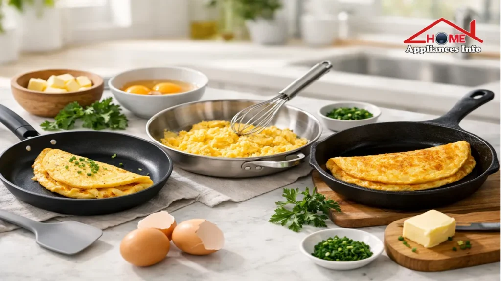 Three types of the best omelette pans including non stick, stainless steel, and cast iron skillets with cooked egg omelettes on a kitchen counter.