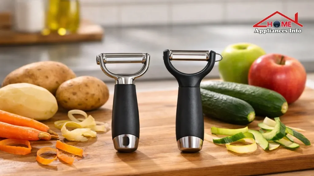 Best Swivel Peeler vs Y Peeler: Which Peeler Is Best for your kitchen? A side-by-side comparison of a stainless steel swivel peeler and a horizontal Y peeler resting on a wooden cutting board with fresh potatoes and carrots.
