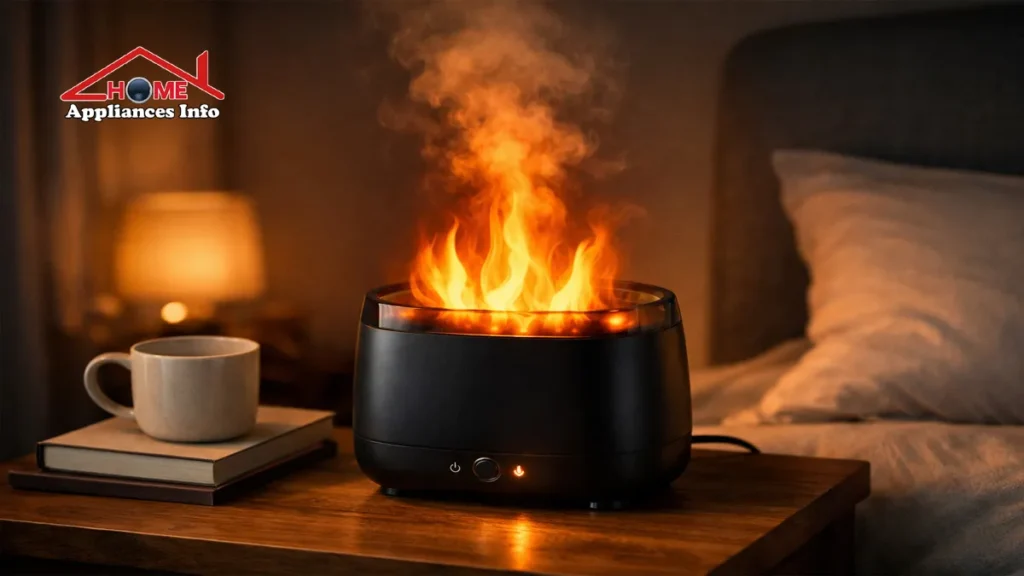 Black flame air humidifier on a wooden bedside table emitting a realistic orange mist fire effect next to a mug and book