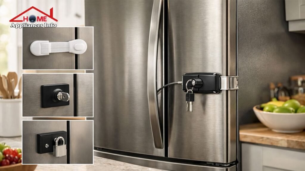 How to Choose the Right Fridge Door Lock: From Child-Proofing to Keyed Security A stainless steel French door refrigerator with a keyed cable lock installed, alongside side insets showing an adhesive child-safety strap lock, a keyed lock block, and a padlock bracket.