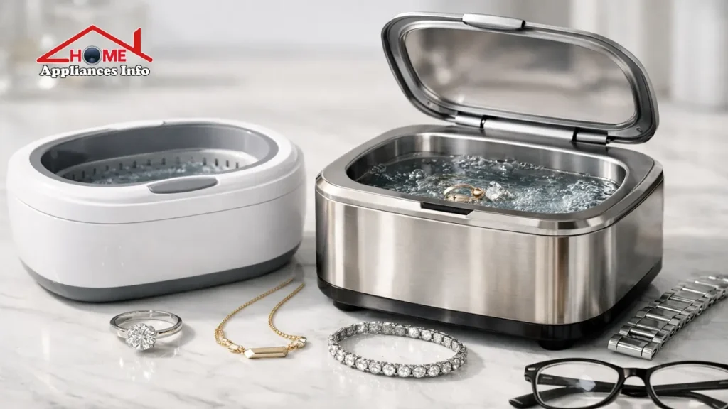Sonic vs ultrasonic jewelry cleaner machines side by side on a marble countertop with diamond rings, eyeglasses, and a watch band