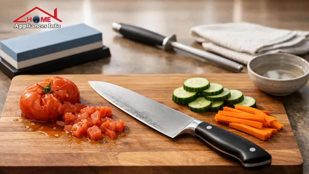 A blunt kitchen chef knife on a wooden cutting board next to a crushed tomato, sliced cucumbers, and carrots, demonstrating a dull blade edge.