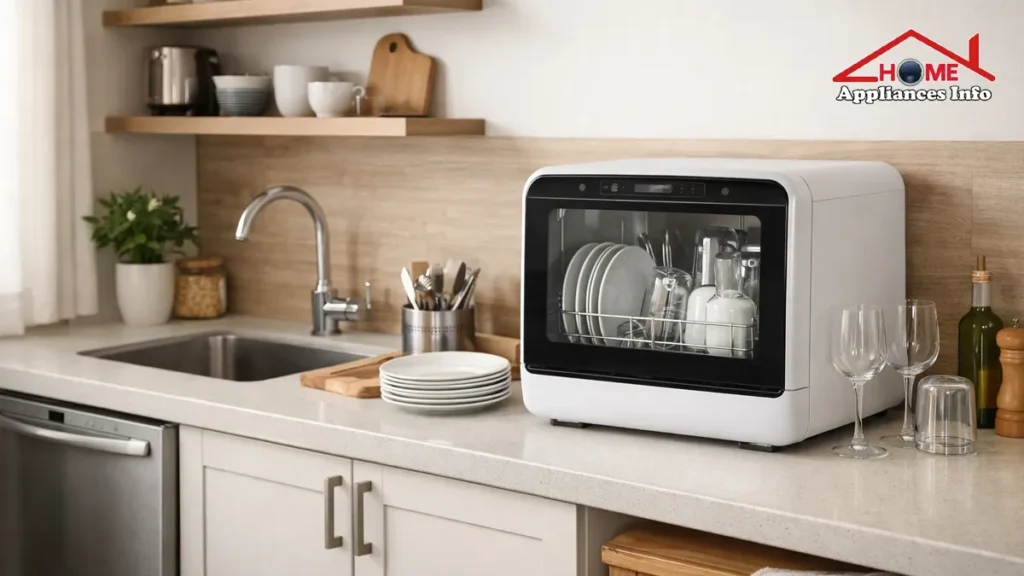 Compact dishwasher in a modern small apartment kitchen with space-saving layout