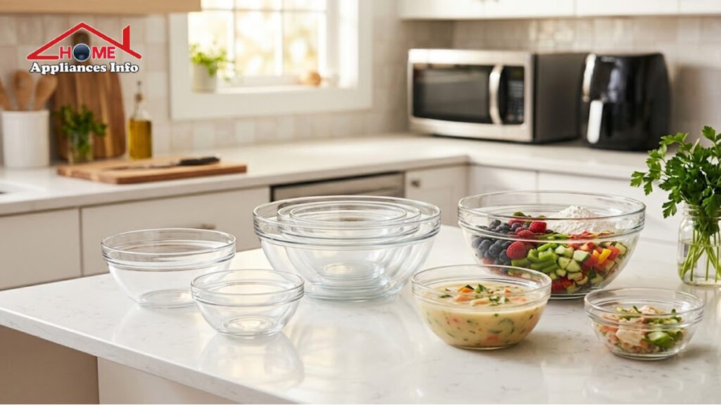 Glass bowl set on a modern kitchen countertop with meal prep ingredients and blurred microwave and air fryer in the background