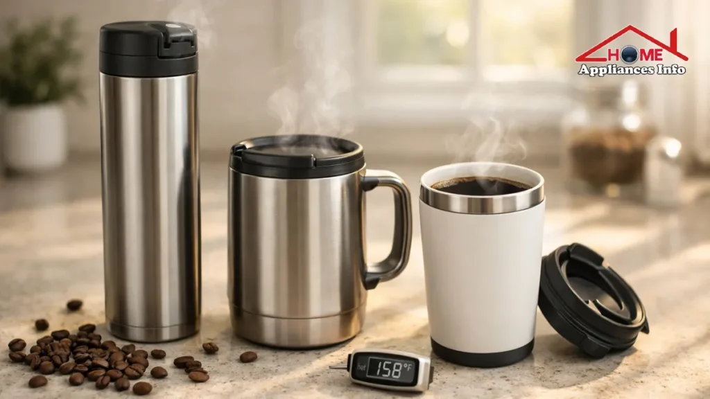 Best Insulated Coffee Mugs (2026): Top Travel Mugs for Heat Retention & Flavor Three insulated coffee mugs on a kitchen counter with hot coffee, steam, coffee beans, and a thermometer for heat retention testing.