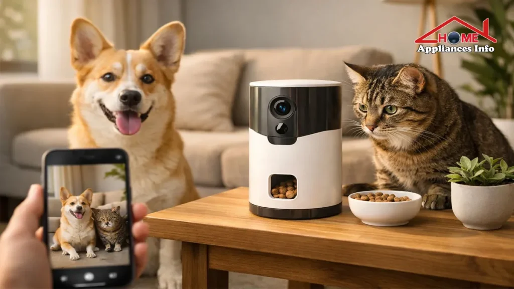 Smart pet camera with treat dispenser monitoring a dog and cat in a modern living room