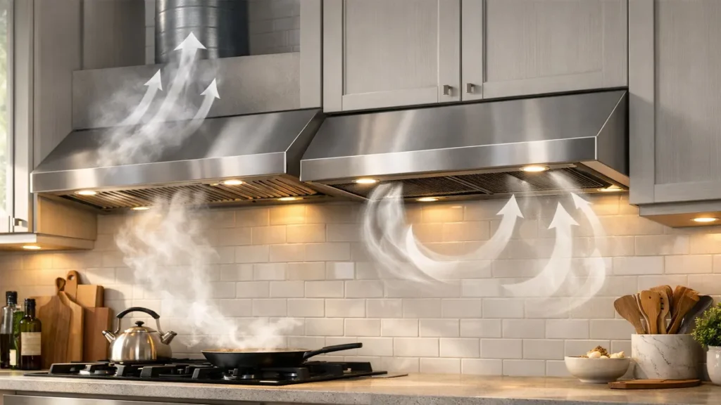 The Ultimate Under-Cabinet Range Hood Buying Guide: Ducted vs. Ductless Models Modern stainless steel under-cabinet range hood above a cooktop showing ducted and ductless kitchen ventilation airflow.