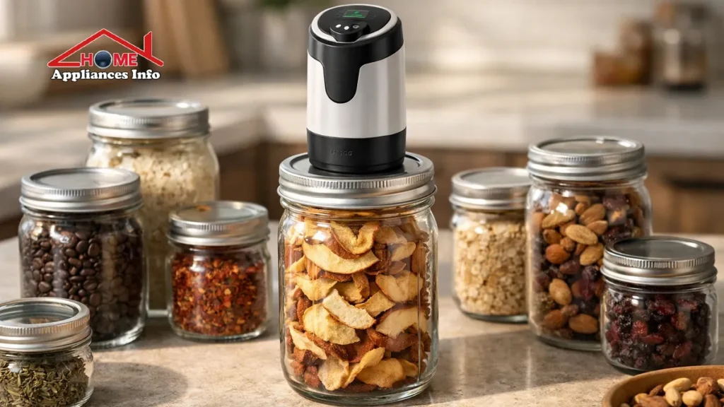 Cordless vacuum sealer sealing Mason glass jars filled with coffee, spices, grains, and dry pantry foods on a kitchen counter