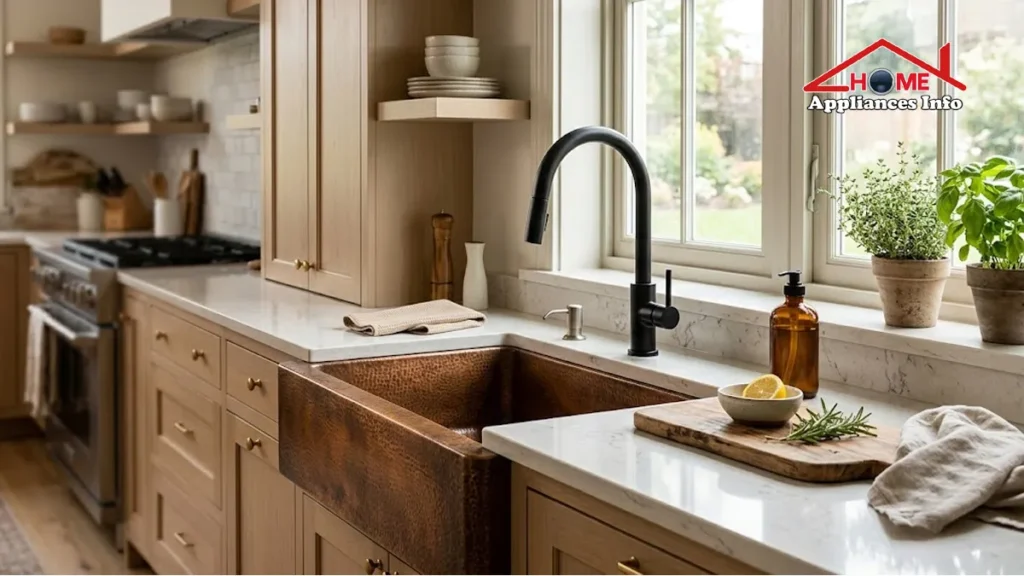 Hammered copper kitchen sink with natural patina in a modern farmhouse kitchen