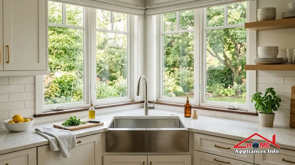 Modern corner kitchen sink with undermount stainless steel basin, quartz counters, and bright window lighting