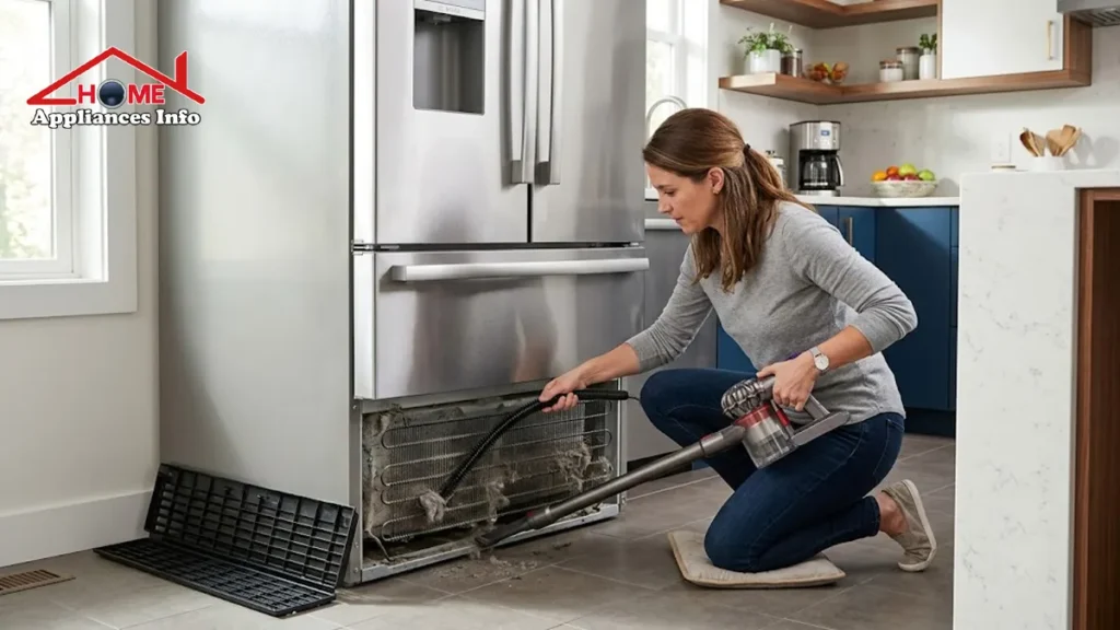 Homeowner cleaning refrigerator condenser coils with a brush and vacuum in a modern kitchen