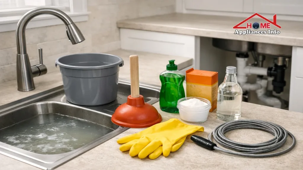 DIY tools for unclogging a kitchen sink, including a plunger, gloves, bucket, baking soda, vinegar, dish soap, and drain snake.