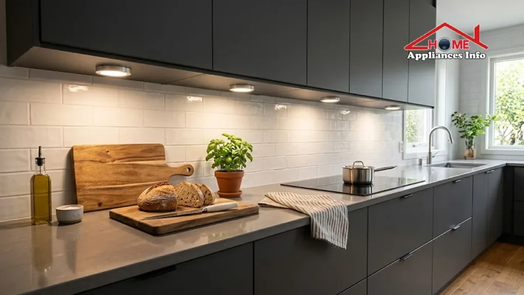 Modern LED puck lights illuminating a kitchen countertop beneath upper cabinets