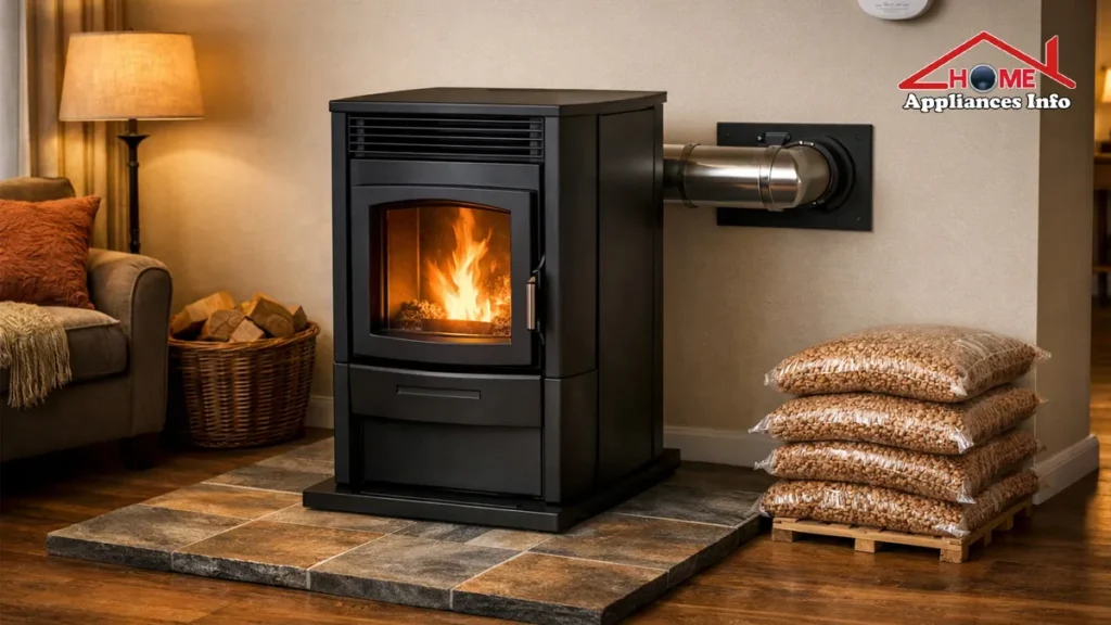 Modern pellet stove installation with vent pipe, hearth pad protection, and carbon monoxide detector in a cozy home interior
