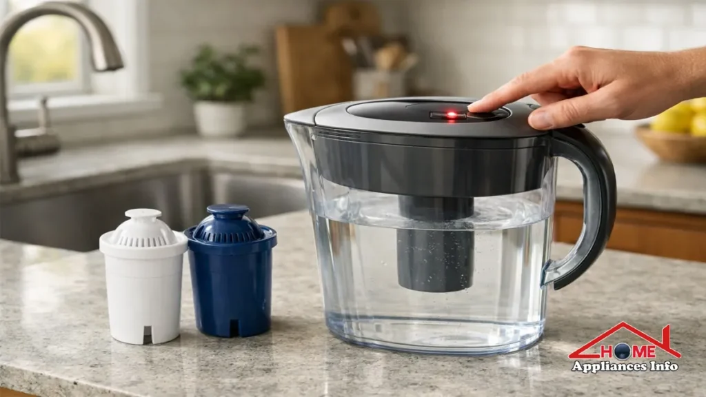 Brita water pitcher with blinking red filter indicator as a hand presses the reset button beside standard and elite replacement filters