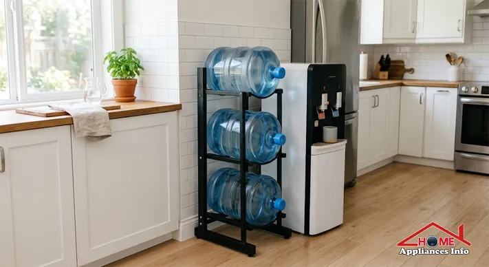 Three large water jugs stored vertically on a metal rack beside a kitchen water dispenser