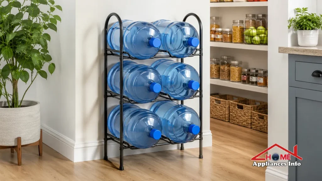 Top 7 Best Water Bottle Racks for Organized Kitchens (2026 Buying Guide) Heavy-duty water bottle rack storing large 5-gallon water jugs in an organized kitchen pantry