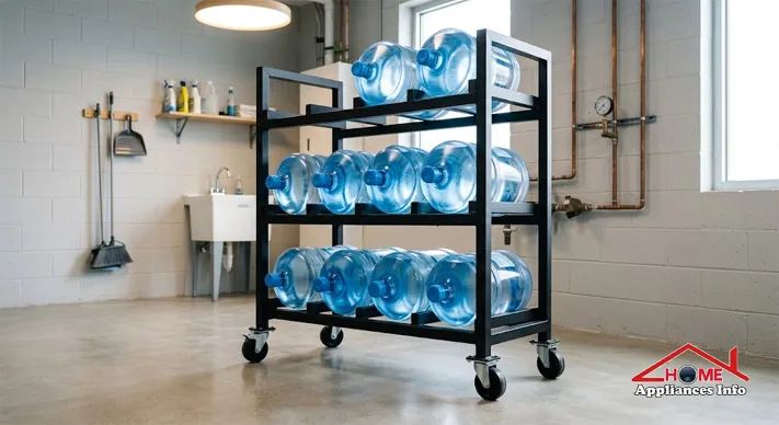 Heavy-duty water jug rack with lockable wheels storing several large water bottles