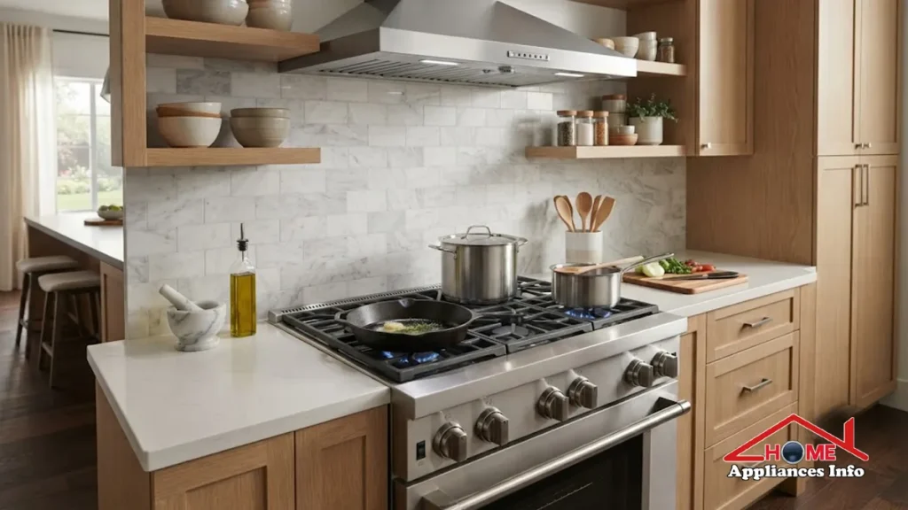 Best 36 Inch Gas Stoves of 2026: Top Pro Ranges Reviewed Modern kitchen with a 36-inch stainless steel gas stove, six burners, cast iron grates, and range hood