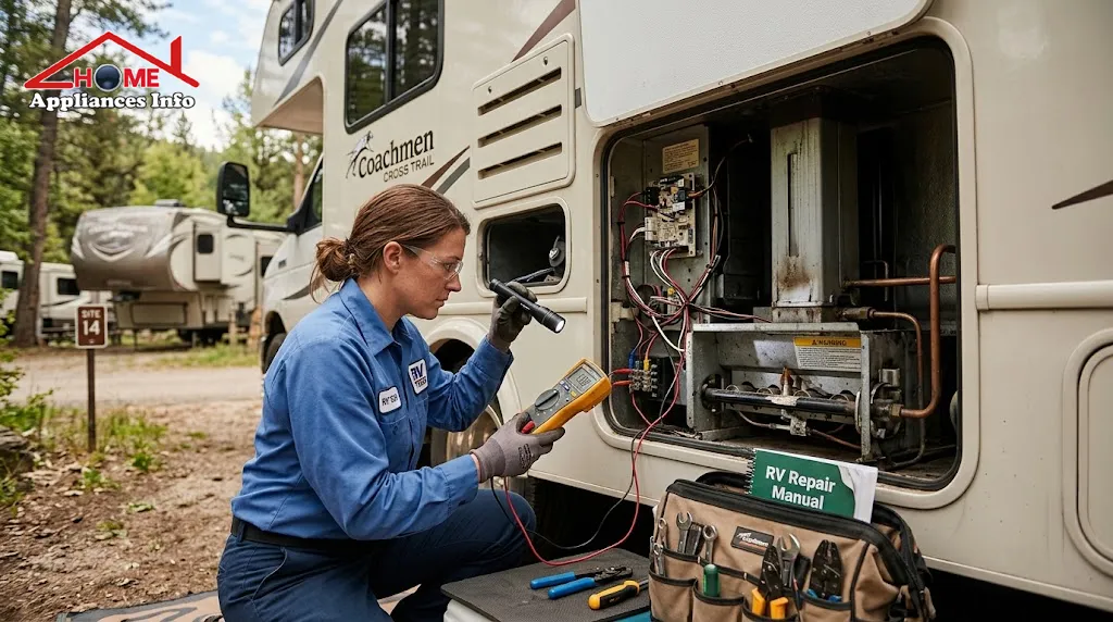 Motorhome Fridge Repairs: Troubleshooting & Fixes for RV Refrigerators RV technician troubleshooting a motorhome refrigerator through the exterior access panel with tools and a multimeter