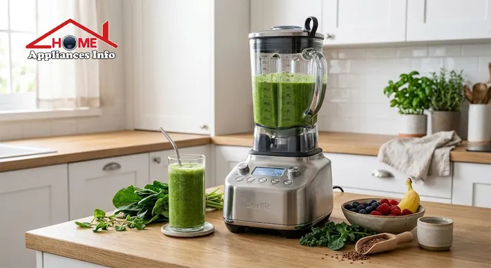 Premium high-performance blender preparing a green smoothie in a modern kitchen