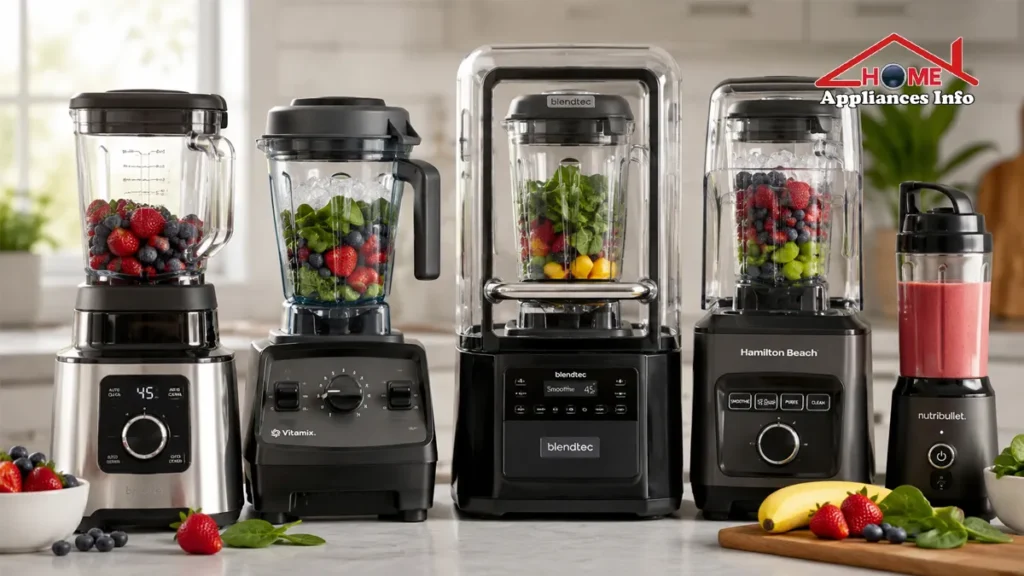 5 Quietest Blenders for Smoothies in 2026 (Tested for Noise) Five quiet blenders arranged on a kitchen countertop with fresh smoothie ingredients