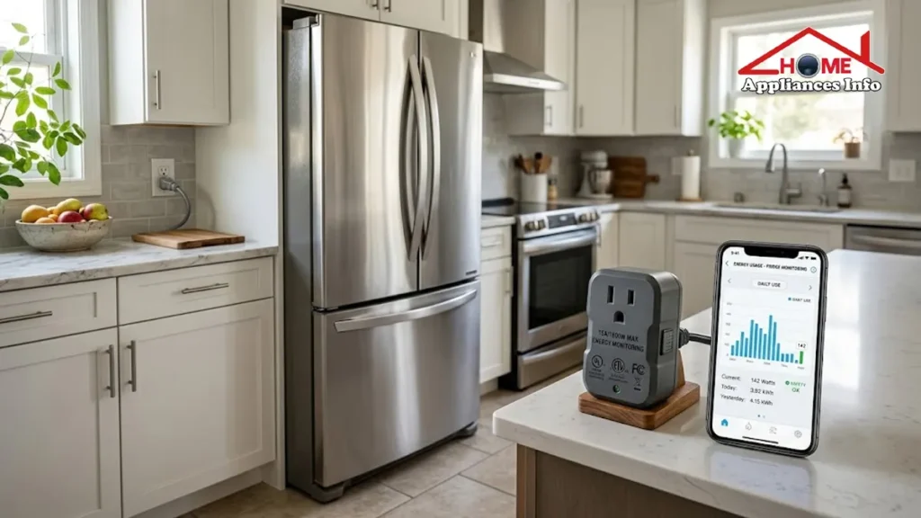 Can You Use a Smart Plug on a Refrigerator? Safety & Best Energy Monitor Plugs Modern refrigerator in a kitchen with a heavy-duty smart plug and smartphone showing energy monitoring data