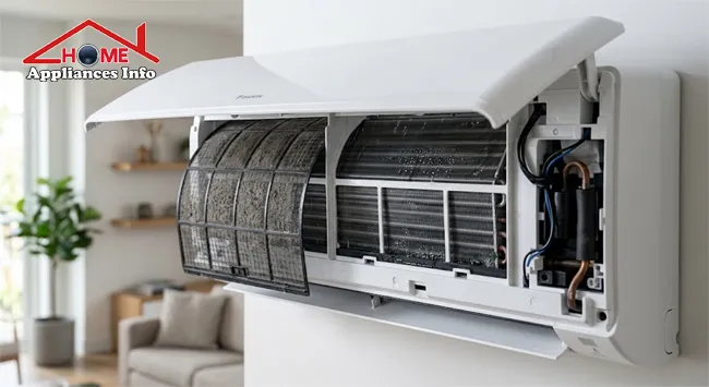 Dirty air filter inside a split air conditioner that can restrict airflow and contribute to coil freezing