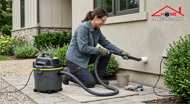 Wet-dry vacuum being used at an accessible air conditioner condensate drain outlet