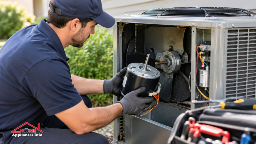 Technician replacing a motor inside a residential outdoor AC condenser unit