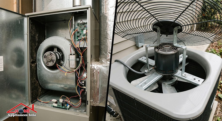 Indoor AC blower motor and outdoor condenser fan motor shown in their typical HVAC locations