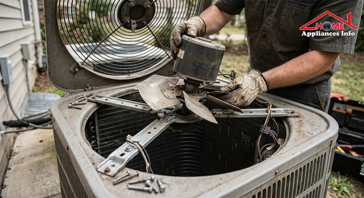 HVAC technician removing a condenser fan motor and fan assembly from a residential outdoor AC unit