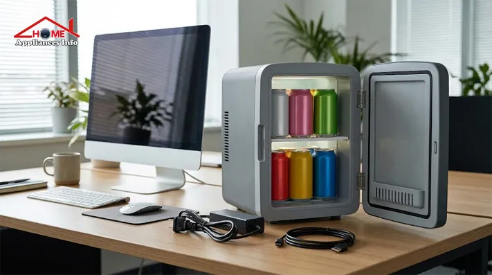 Compact 4-liter personal mini fridge beside a computer monitor on an office desk