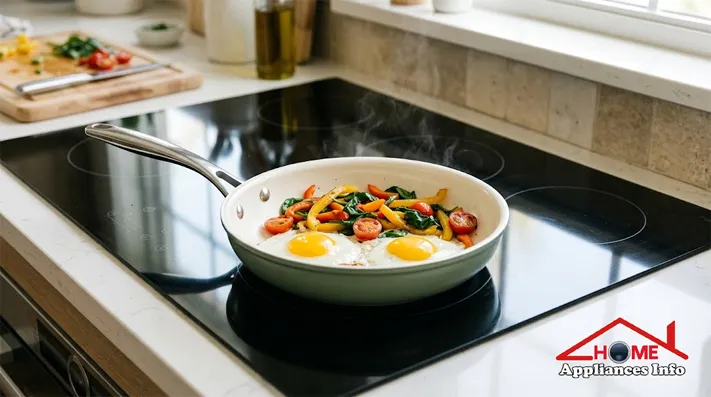 Ceramic nonstick frying pan cooking eggs and vegetables on a glass-top stove