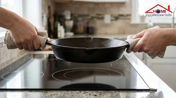 Cook lifting a cast iron skillet instead of sliding it across a glass cooktop
