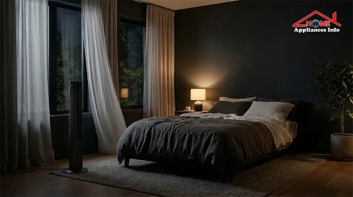 Quiet tower fan operating beside a bed in a dark bedroom at night