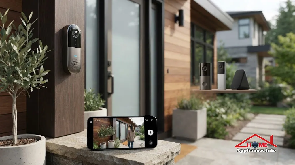 Best Smart Doorbell in 2026: 7 Top Video Doorbells Compared Modern smart video doorbell beside a front door with a smartphone showing a live camera view