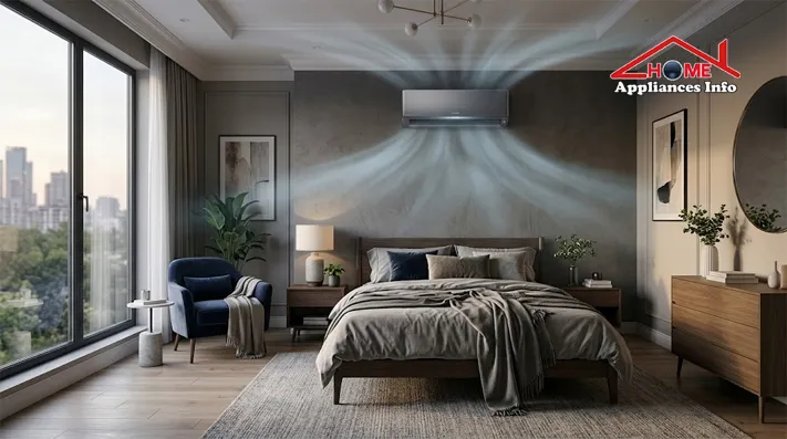 Premium wall-mounted split AC distributing soft airflow throughout a modern bedroom